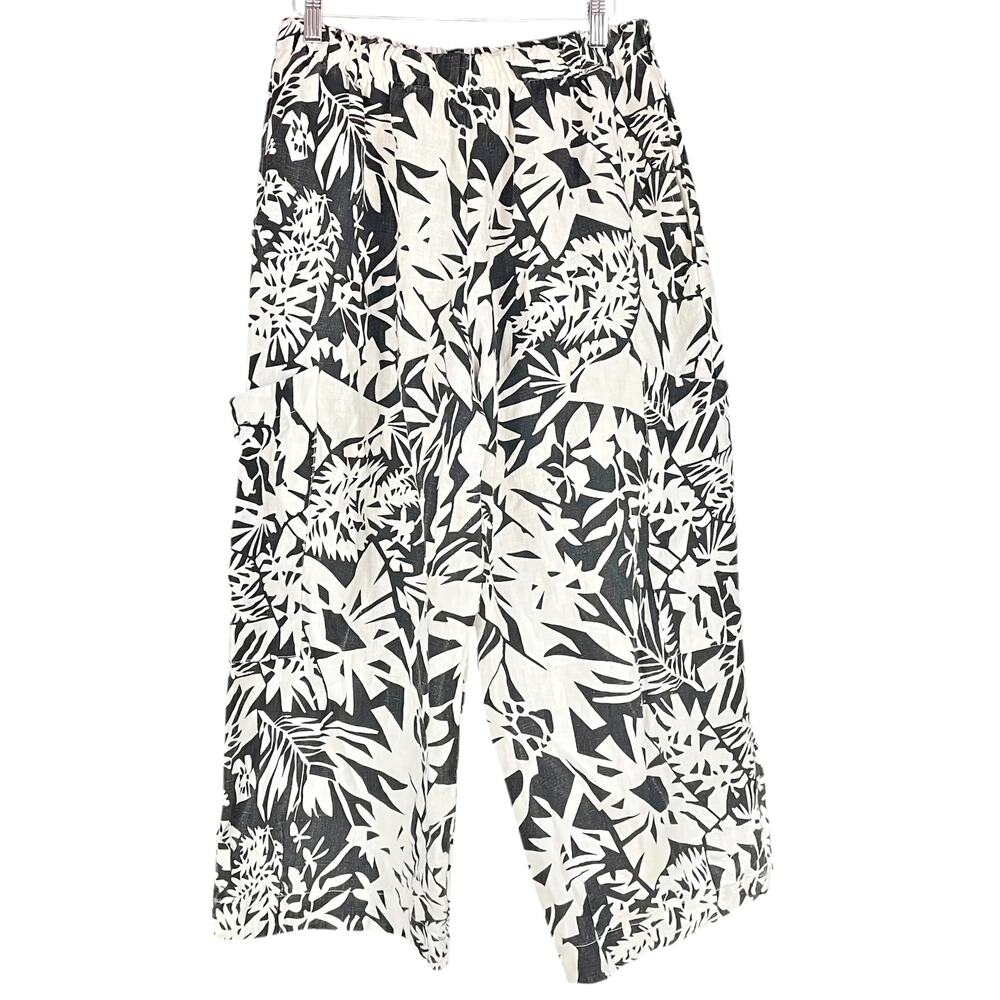 BRYN WALKER Botanical Print Black-and-White Linen Pants w/ Cargo Pockets Size S